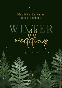 Trouwkaart winter wedding dennenbomen donker groen goud