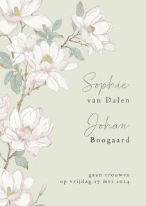 Trouwkaart witte magnolia bloemen