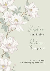 Trouwkaart witte magnolia bloemen