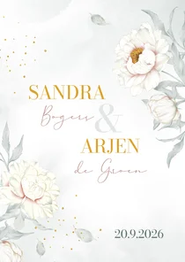 Trouwkaart witte Pioenrozen met goudlook