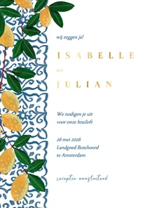 Trouwkaart zomer mediterraanse tegels en citroenen