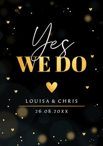 Trouwkaart zwart goudlook hartjes rechthoekig