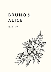 Trouwkaart zwarte lijntekening van bloemen aanpasbaar
