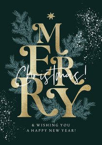 Typografische kerstkaart goudlook letters kerstboom kersttak