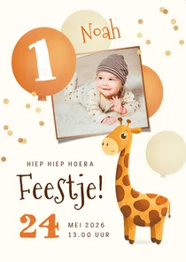 Uitnodiging 1 jaar giraf ballonnen confetti foto
