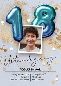 Uitnodiging 18 jaar jongen ballonnen goud