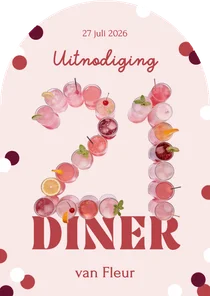 Uitnodiging 21 diner cijfers in roze cocktails met confetti
