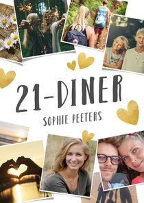 Uitnodiging 21-diner fotocollage met gouden hartjes