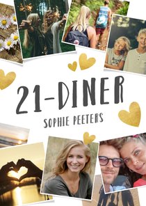 Uitnodiging 21-diner fotocollage met gouden hartjes