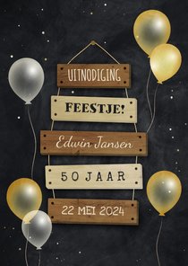 Uitnodiging 50 jaar bordjes met feestelijke ballonnen