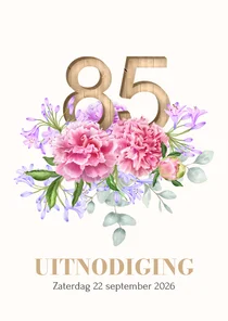 Uitnodiging 85 in hout met bloemen