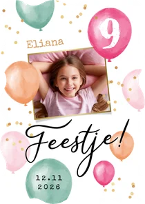 Uitnodiging 9 jaar meisje ballonnen confetti foto feest wave