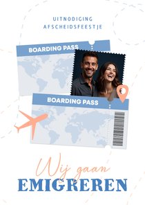Uitnodiging afscheidsfeestje emigratie vliegticket en foto