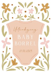 Uitnodiging babyborrel met rompertje en bloemen