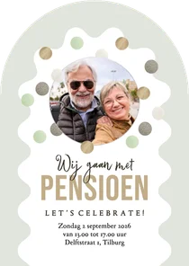 Uitnodiging boogkaart borrel feestje pensioen foto confetti