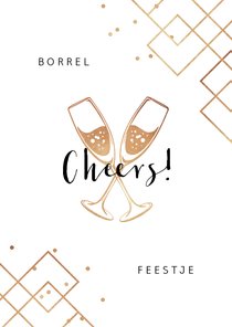 Uitnodiging borrel feestje champagne cheers goud confetti