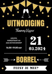 Uitnodiging borrel typografie slinger goudlook confetti