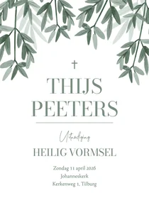 Uitnodiging christelijk heilig vormsel stijlvol takjes groen