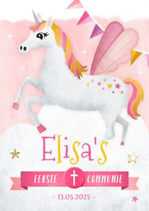 Uitnodiging communie feestje met een eenhoorn unicorn 