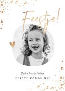 Uitnodiging communie foto stijlvol wit met gouden spetters