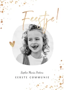 Uitnodiging communie foto stijlvol wit met gouden spetters