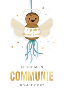 Uitnodiging communie jongen - donker engel gelukspoppetje