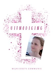Uitnodiging communie kruis & foto verfspetters roze