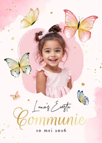 Uitnodiging communie lentefeest meisje roze waterverf foto