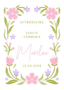 Uitnodiging communie met bloemen in pastel roze en groen