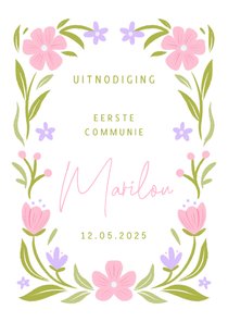 Uitnodiging communie met bloemen in pastel roze en groen