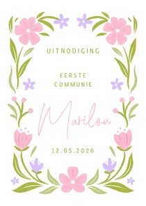 Uitnodiging communie met bloemen in pastel roze en groen