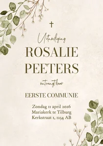 Uitnodiging communie natuurlijk eucalyptus zand klassiek