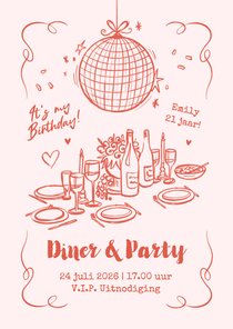 Uitnodiging diner party etentje doodle roze hip