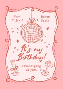 Uitnodiging diner party roze disco doodle cocktails
