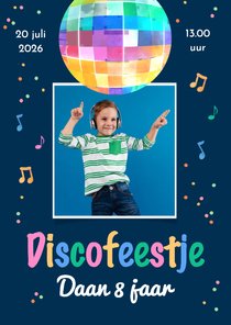 Uitnodiging discofeestje discobol muziek radio hip stoer