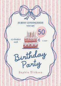 Uitnodiging doodle strik en taart met strepen