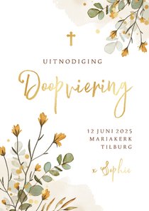 Uitnodiging doopviering waterverf bloemen takjes goud