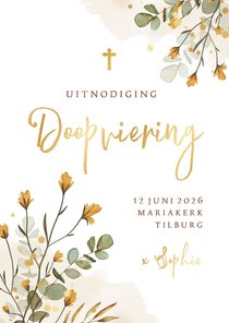 Uitnodiging doopviering waterverf bloemen takjes goud