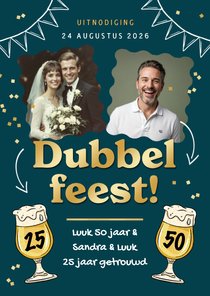 Uitnodiging dubbel feest foto's bier confetti goud hip