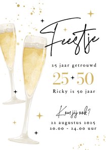 Uitnodiging dubbel feestje champagne goud bubbels