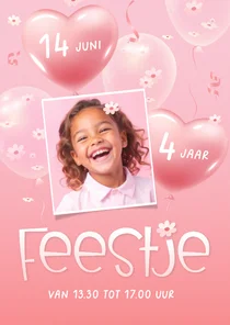 Uitnodiging eigen foto hartjes en bloesem 3d ballonnen