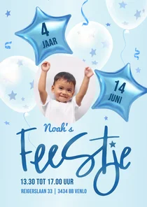 Uitnodiging eigen foto met ster confetti en 3d ballonnen