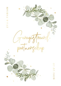 Uitnodiging eucalyptus met goud geregistreerd partnerschap 