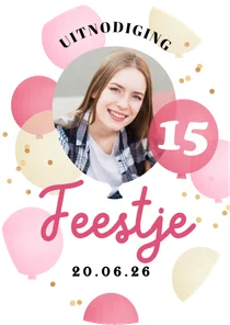 Uitnodiging feestje ballonnen confetti roze goud