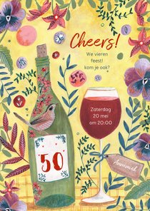 Uitnodiging feestje botanisch bloemen wijn