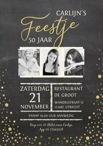 Uitnodiging feestje goud krijtbord