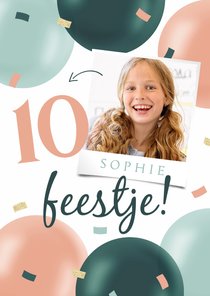 Uitnodiging feestje meisje confetti foto ballonnen