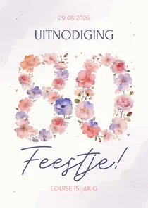Uitnodiging feestje verjaardag 80 in paars en roze bloemen