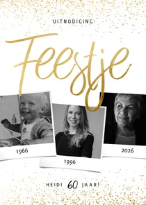 Uitnodiging fotocollage in goudlook confetti feestje