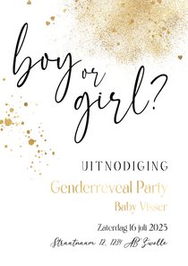 Uitnodiging genderreveal klassiek spetters goudlook hartjes